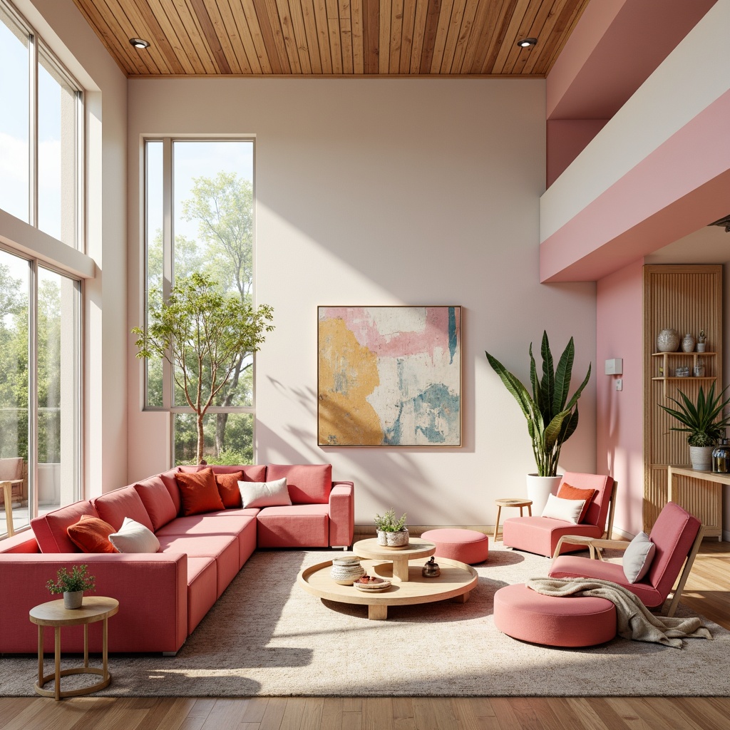 Prompt: Vibrant modern interior design, eclectic furniture arrangement, bold geometric shapes, pastel color scheme, soft pink accents, creamy white walls, rich wood tones, metallic gold details, natural textiles, abstract artwork, oversized windows, abundant sunlight, warm cozy ambiance, 1/1 composition, shallow depth of field, realistic reflections.