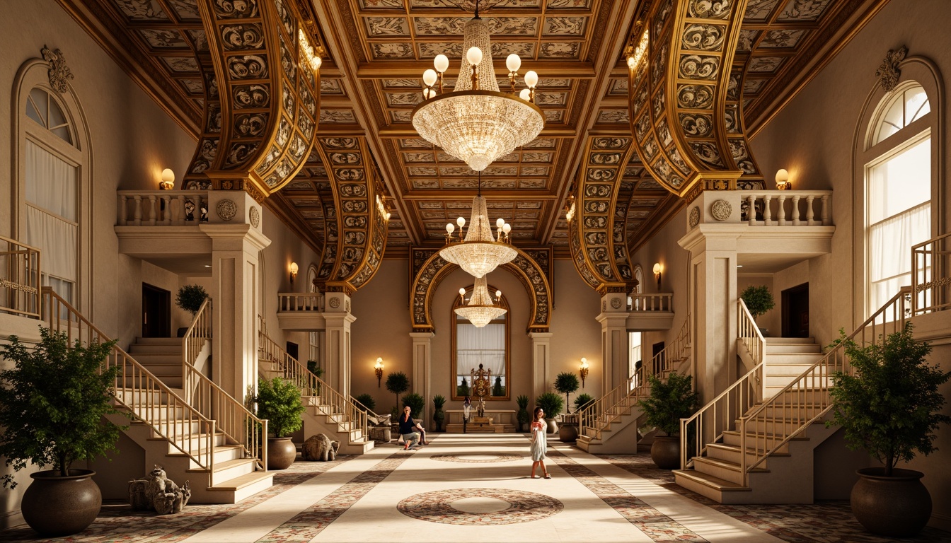 Prompt: Intricate ornateness, lavish golden accents, delicate shell patterns, grandiose chandeliers, sweeping curved lines, ornate moldings, soft warm lighting, shallow depth of field, 1/1 composition, symmetrical architecture, Baroque-inspired details, luxurious marble floors, intricate fresco ceilings, ornamental ironwork, decorative ceramic tiles, grand staircases, sweeping arches, romantic atmosphere, soft focus, warm color palette.