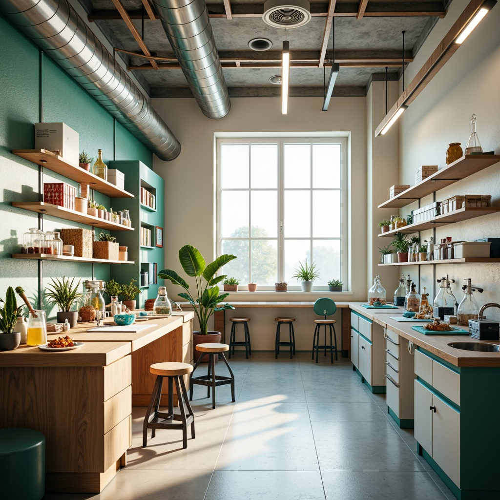 Prompt: Vibrant laboratory interior, modern scientific equipment, sleek metal surfaces, glass beakers, colorful chemicals, wooden workbenches, ergonomic stools, natural light pouring, soft warm glow, pastel color scheme, creamy whites, blues and greens, earthy tones, bold accent walls, minimalist decor, industrial chic, 1/1 composition, shallow depth of field, realistic textures.