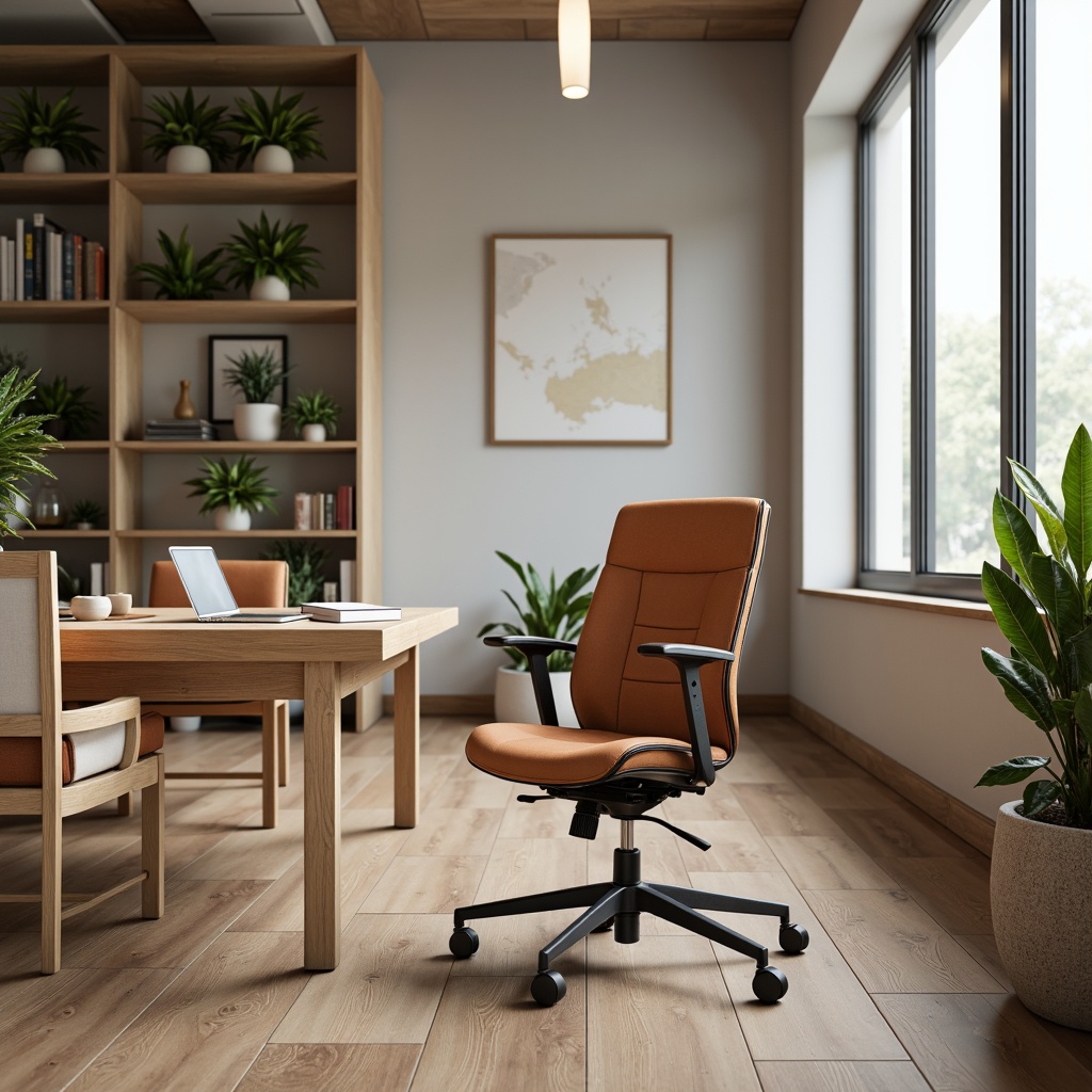 Prompt: Modern office space, ergonomic chair, adjustable armrests, breathable mesh fabric, lumbar support, comfortable seating, wooden desk, built-in cable management, good lighting conditions, natural materials, plants on shelves, minimal decor, calm atmosphere, soft warm colors, 3/4 composition, realistic textures, ambient occlusion.