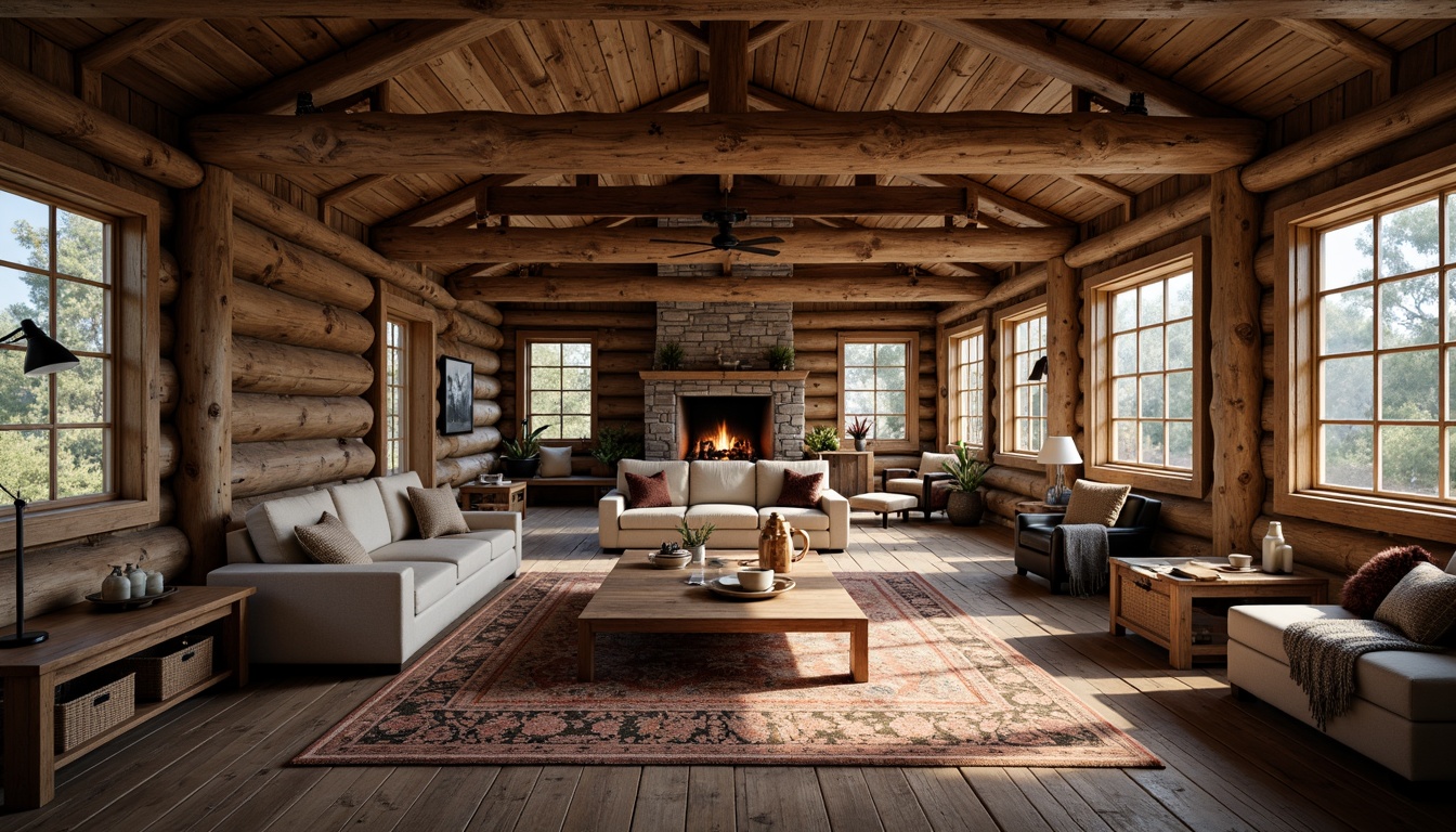 Prompt: Rustic mountain lodge, wooden accents, earthy tones, natural stone walls, reclaimed wood floors, vintage furniture, distressed textures, warm candlelight, cozy fireplace, plush throw blankets, woven baskets, nature-inspired patterns, organic shapes, handcrafted details, soft morning light, shallow depth of field, 1/1 composition, realistic rendering, ambient occlusion.