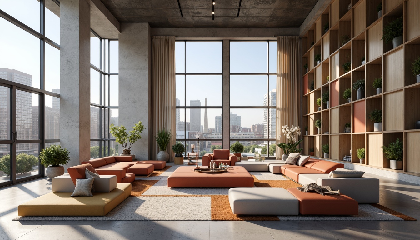 Prompt: Geometrically arranged furniture, functional modular units, rectangular shapes, industrial materials, primary color accents, minimalist decor, open floor plans, natural light pouring in, large windows, sliding glass doors, urban cityscape views, modernist architectural style, clean lines, simple forms, functional simplicity, 1/1 composition, softbox lighting, subtle texture details.