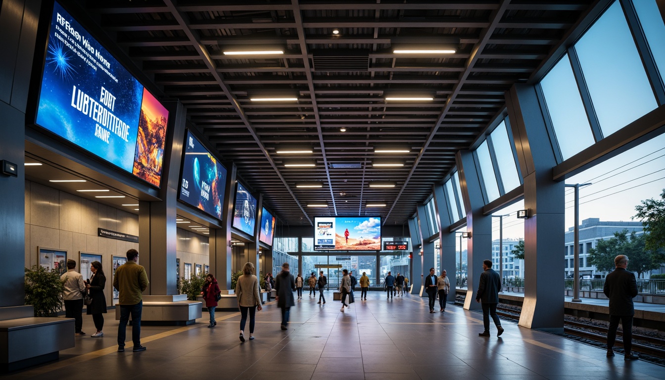 Prompt: Modern train station, sleek signage, minimalist design, clean typography, bold colors, LED displays, dynamic information boards, stainless steel fixtures, glass surfaces, high-contrast visuals, futuristic ambiance, urban landscape, busy commuters, morning rush hour, natural light, shallow depth of field, 1/2 composition, symmetrical framing, realistic reflections.