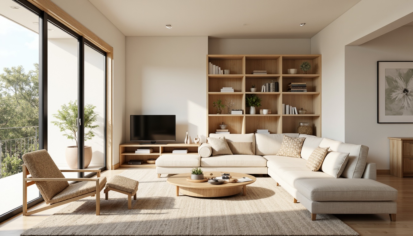 Prompt: Minimalist living room, light-filled space, natural wood accents, creamy white walls, large windows, sliding glass doors, airy atmosphere, Nordic-inspired furniture, low-profile sofas, sleek coffee tables, woven textiles, geometric patterns, cozy reading nooks, built-in shelving, soft warm lighting, shallow depth of field, 3/4 composition, panoramic view, realistic textures, ambient occlusion.