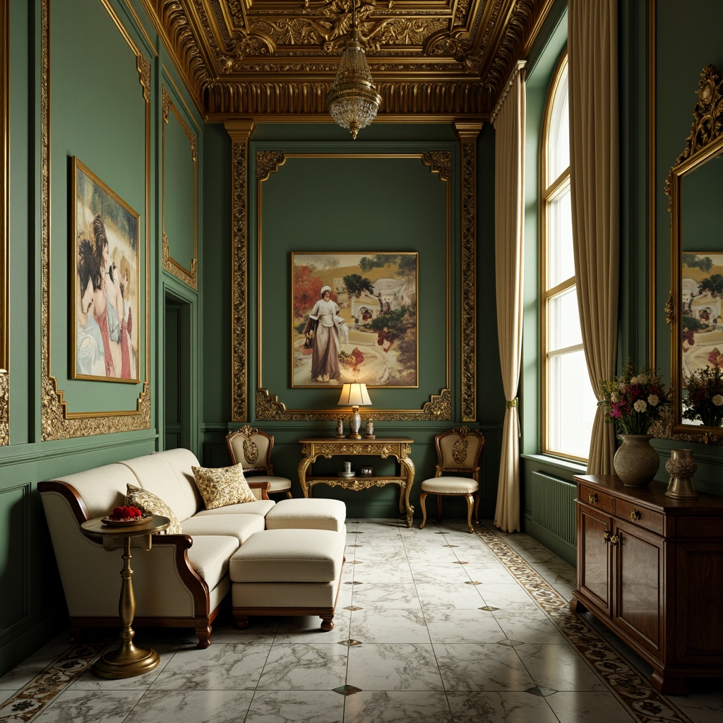 Prompt: Luxurious Baroque interior, celadon green walls, ornate gold accents, intricate marble patterns, plush velvet furnishings, soft cream-colored drapery, antique wooden furniture, carved ornamental details, warm candlelight, subtle gradient shading, high-contrast lighting, dramatic shadows, 1/2 composition, shallow depth of field, realistic textures, ambient occlusion.