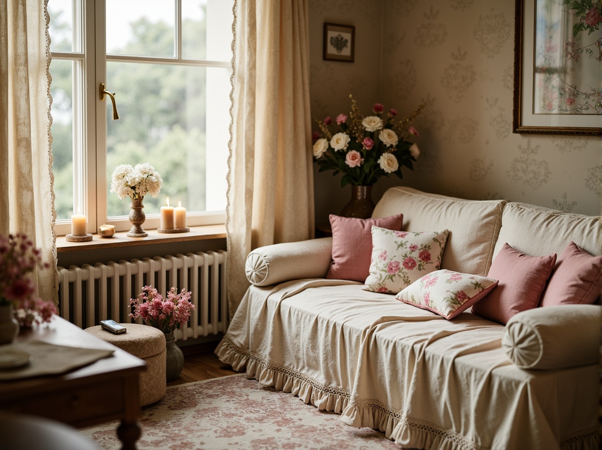 Prompt: Distressed vintage fabrics, soft pastel hues, romantic florals, lace trims, ruffled edges, velvet drapes, linen upholstery, natural fibers, worn wooden furniture, distressed finishes, soft candlelight, warm beige walls, rustic metal accents, antique furnishings, feminine decor, delicate patterns, subtle sheen, relaxed elegance, cozy ambiance, 1/1 composition, shallow depth of field, warm soft focus.