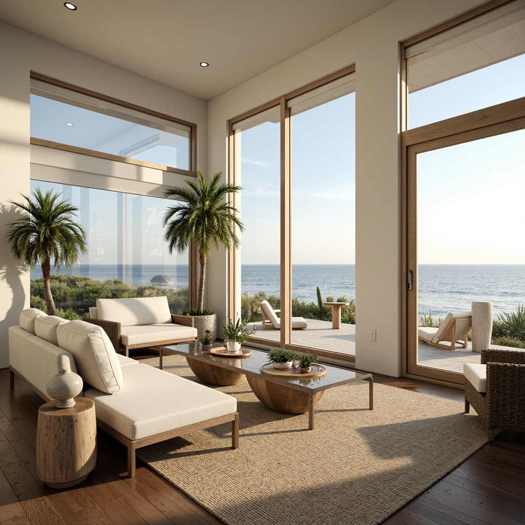 Prompt: Coastal-themed living room, soft warm lighting, abundant natural light, floor-to-ceiling windows, sliding glass doors, ocean views, beachy atmosphere, calming color palette, creamy whites, seafoam greens, driftwood accents, woven textiles, jute rugs, linen upholstery, distressed wood furniture, coral-inspired decorative accessories, nautical elements, potted palm trees, tropical plants, subtle coastal scents, airy feel, 1/1 composition, high-key lighting, realistic reflections.