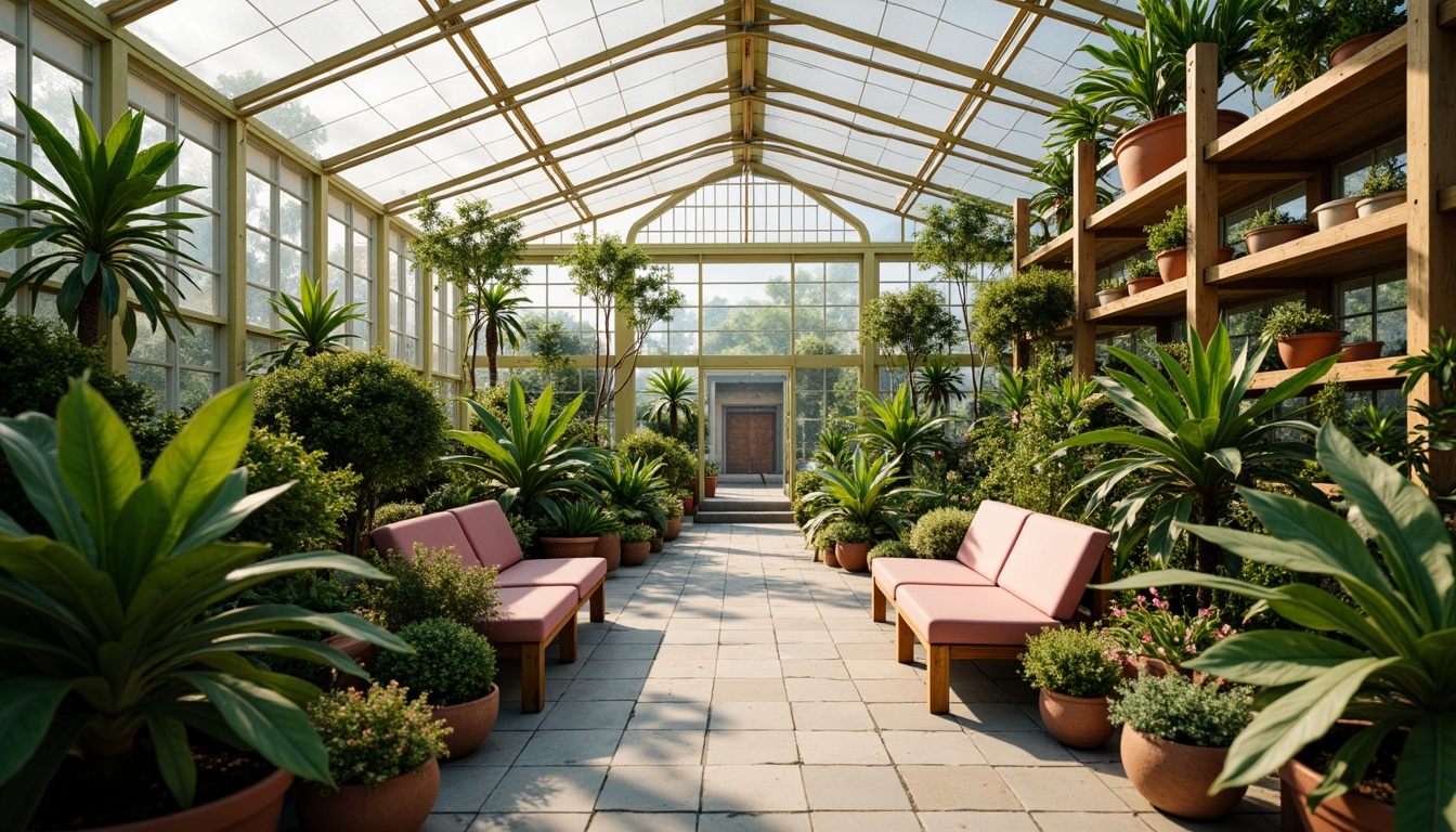 Prompt: Vibrant botanical greenhouse, lush tropical plants, natural wood accents, earthy terracotta pots, soft warm lighting, misty atmosphere, subtle color pops, pastel pink benches, mint green metal frames, sunny yellow glass roofs, turquoise ceramic tiles, reclaimed wooden shelves, organic textures, 3/4 composition, shallow depth of field, realistic plant models, ambient occlusion.