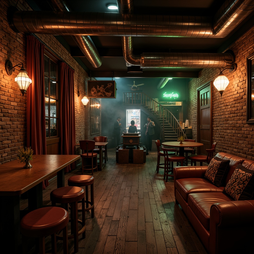 Prompt: Rustic night club, reclaimed wooden walls, exposed brick, dimmed warm lighting, metallic accents, vintage industrial machinery, worn leather sofas, rich velvet curtains, dark-stained wooden floors, earthy tone color palette, muted brown and beige hues, deep blues and emerald greens, warm golden highlights, neon signs, fog machines, strobe lights, 1/2 composition, low-key mood, cinematic atmosphere, realistic textures, ambient occlusion.