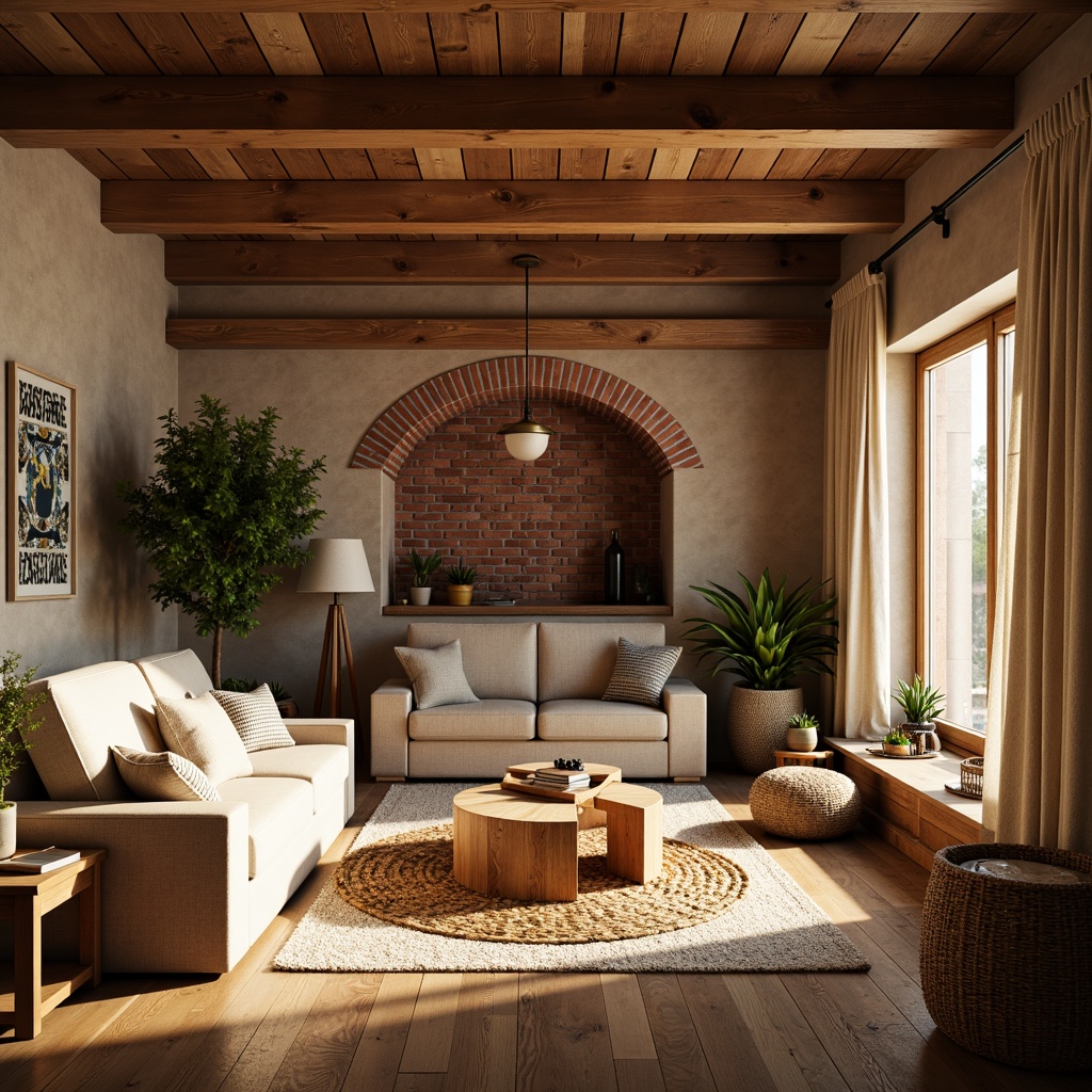 Prompt: Earthy tone living room, natural stone walls, reclaimed wood flooring, earthy red brick accents, comfortable plush sofas, woven jute rugs, potted green plants, wooden coffee tables, warm beige curtains, soft golden lighting, cozy reading nooks, 1/1 composition, intimate atmosphere, realistic textures, ambient occlusion.