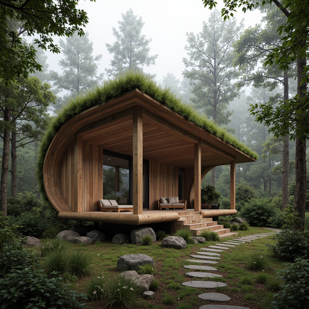 Prompt: Earthy pavilion, natural materials, reclaimed wood accents, bamboo roofing, living green walls, organic curves, rustic stone foundations, earthy tones, moss-covered pathways, serene forest surroundings, misty morning atmosphere, soft diffused lighting, 1/1 composition, intimate scale, tactile textures, ambient occlusion.