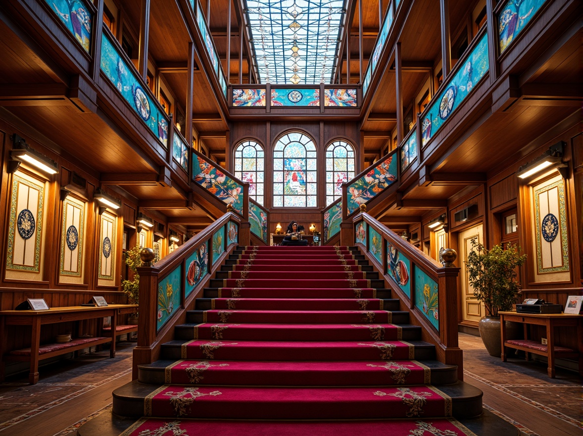 Prompt: Vibrant staircase, ornate railings, intricate stained glass panels, colorful geometric patterns, luxurious carpeted steps, grandiose high ceilings, opulent chandeliers, elegant wooden banisters, Art Nouveau inspired designs, rich jewel-toned colors, warm ambient lighting, shallow depth of field, 1/2 composition, detailed textures, realistic reflections.