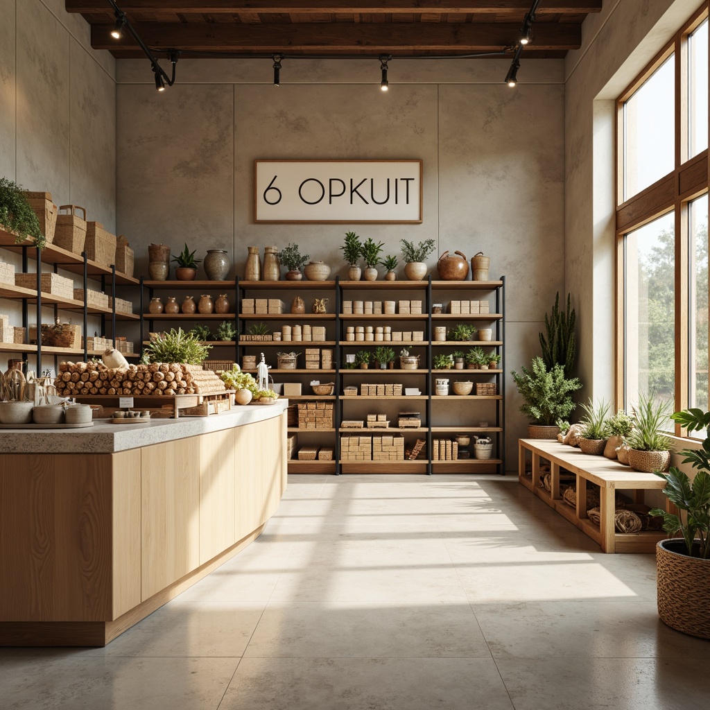 Prompt: Clean minimalist grocery store, neutral beige walls, polished concrete floors, industrial metal shelving, reclaimed wood accents, natural stone countertops, earthy brown packaging, creamy white signage, soft warm lighting, subtle shadows, 1/1 composition, realistic textures, ambient occlusion.