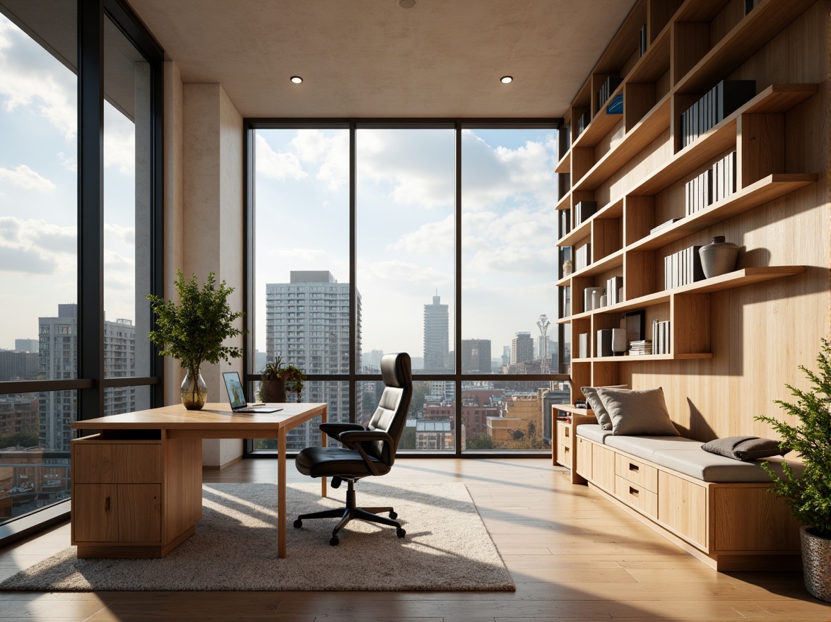 Prompt: Modern home office, ergonomic chair, spacious desk, ample storage, minimalist decor, natural wood tone, soft warm lighting, comfortable seating area, floor-to-ceiling windows, urban cityscape view, 1/1 composition, shallow depth of field, realistic textures, ambient occlusion.