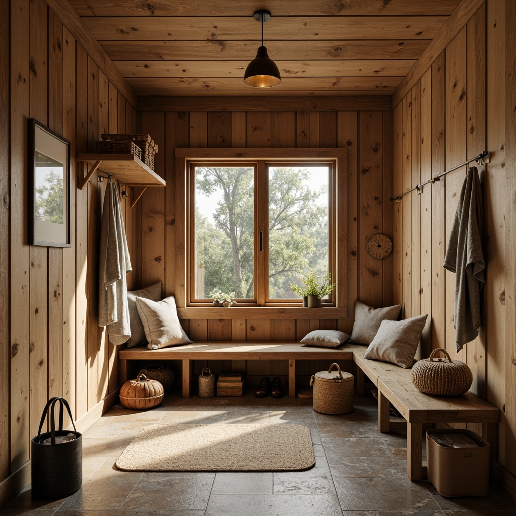 Prompt: Earthy mudroom, natural wood tones, warm beige walls, rustic metal accents, weathered stone floors, cozy textiles, vintage outdoor gear, earthy scent, soft warm lighting, shallow depth of field, 3/4 composition, realistic textures, ambient occlusion.