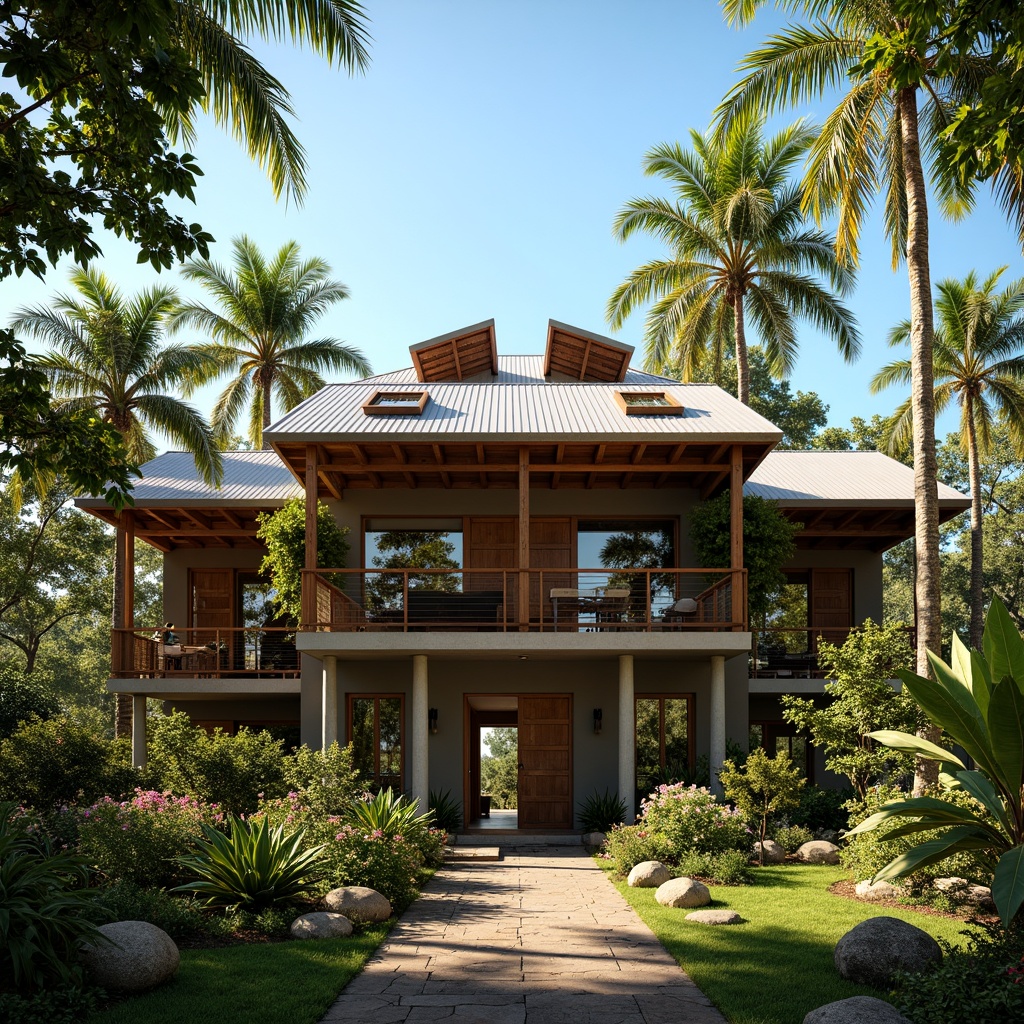 Prompt: Tropical style building, wooden accents, large windows, natural ventilation systems, windcatchers, clerestory windows, solar chimneys, evaporative cooling systems, shading devices, overhanging roofs, corrugated metal cladding, earthy color palette, lush greenery, exotic plants, tropical flowers, bright sunny day, soft warm lighting, 1/1 composition, realistic textures, ambient occlusion.