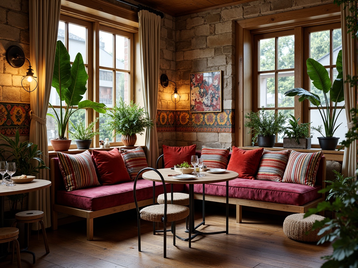 Prompt: Vibrant eclectic breakfast nook, richly patterned textiles, bohemian-inspired upholstery, plush velvet pillows, Moroccan-tiled backsplash, reclaimed wood furniture, industrial metal chairs, lush greenery, potted plants, natural stone walls, warm cozy lighting, soft warm colors, 1/1 composition, shallow depth of field, realistic textures, ambient occlusion.