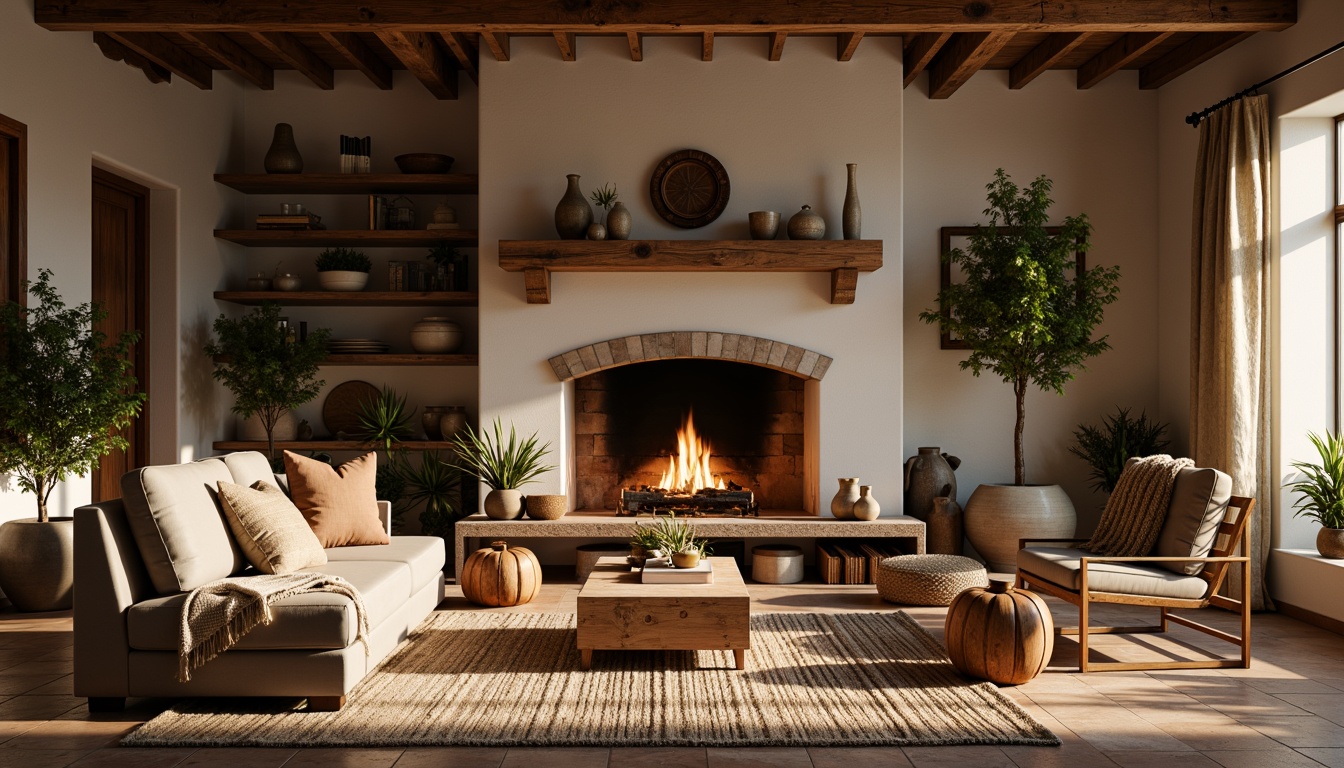 Prompt: Cozy living room, rustic wooden furniture, plush throw blankets, woven baskets, natural fiber rugs, chunky knit pillows, earthy tone ceramics, vintage Moroccan tiles, distressed leather armchairs, warm golden lighting, soft focus, shallow depth of field, 2/3 composition, inviting atmosphere, realistic textures, ambient occlusion.