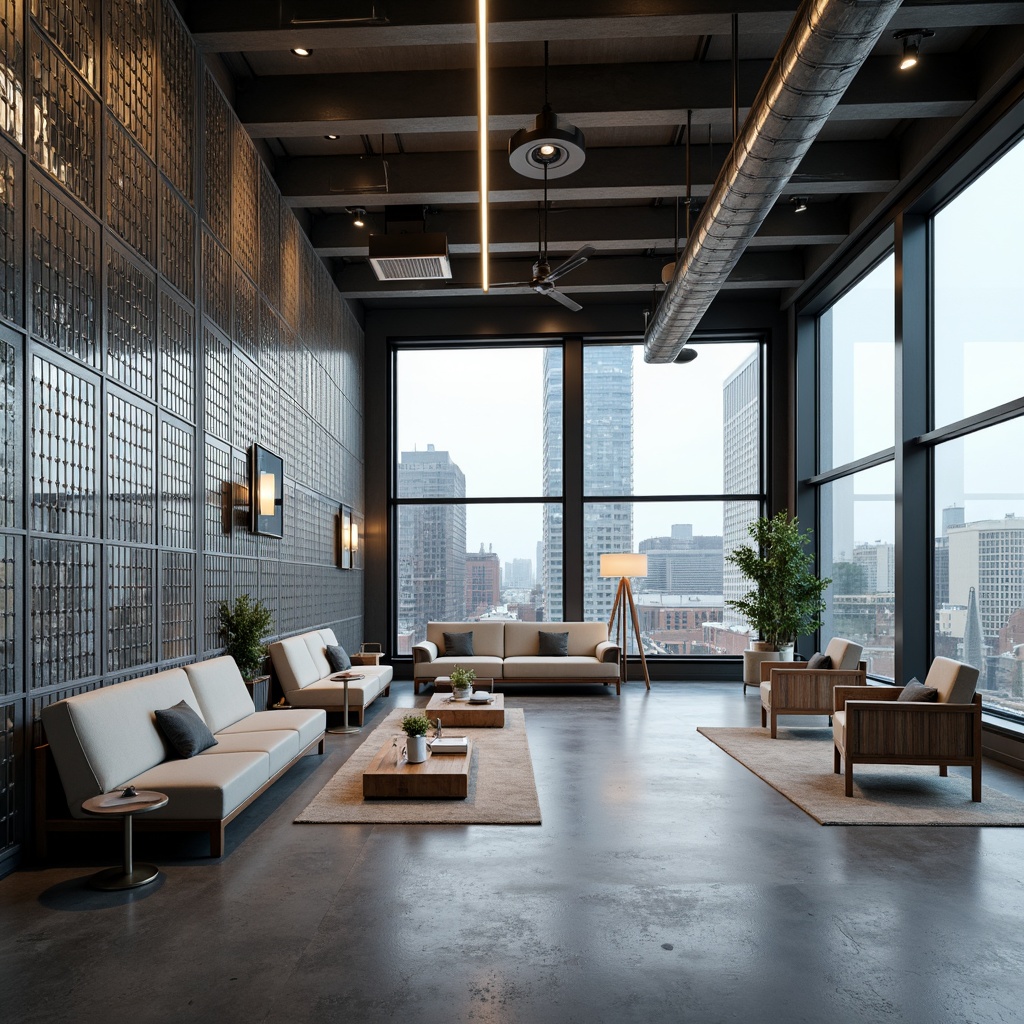 Prompt: Industrial chic interior, perforated metal walls, airy open spaces, sleek minimalist furniture, silver-toned accents, modern LED lighting, polished concrete floors, urban cityscape views, atmospheric misting systems, natural ventilation, industrial-style decor, geometric patterns, metallic textures, 1/1 composition, softbox lighting, realistic reflections.