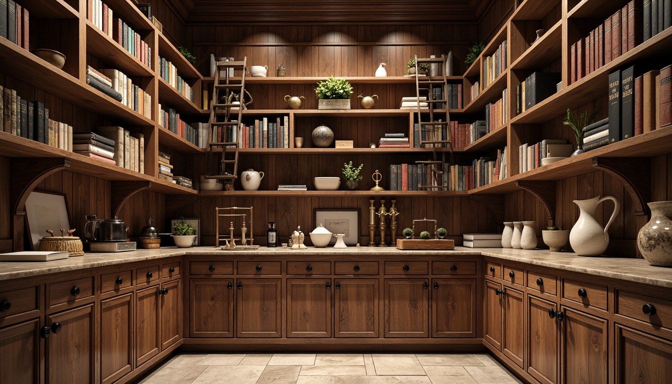 Prompt: Academic pantry, rich wood tones, ornate metalwork, vintage hardware, classic library ladders, sturdy wooden shelves, decorative corbels, intricate moldings, soft warm lighting, natural stone flooring, earthy color palette, rustic charm, modern minimalist accents, industrial chic fixtures, open shelving, effortless storage, 3/4 composition, realistic textures, ambient occlusion.