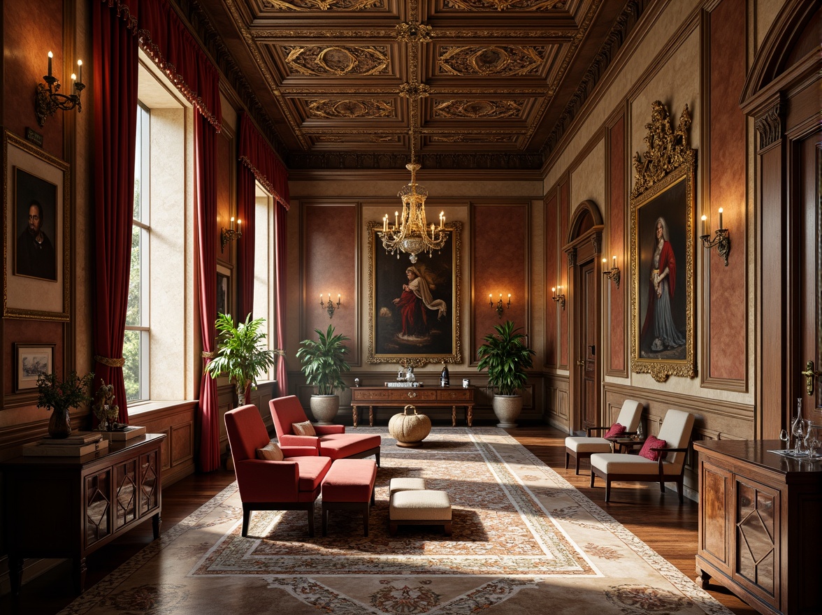 Prompt: Luxurious Renaissance-inspired interior, ornate furnishings, rich wood tones, hand-carved wooden panels, marble inlays, intricate stone patterns, golden accents, high ceilings, grand chandeliers, warm ambient lighting, soft focus, shallow depth of field, 2/3 composition, ornate moldings, distressed wood textures, aged stone walls, velvet drapes, regal color palette.