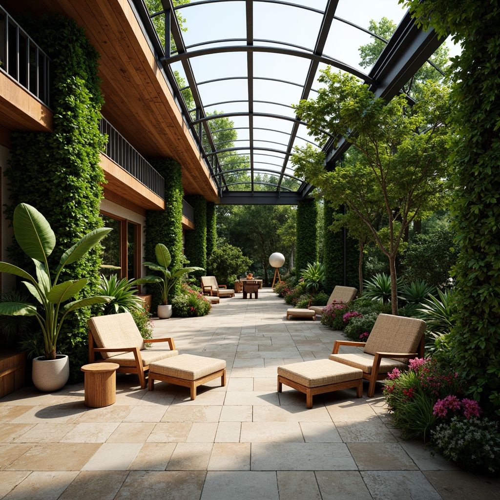 Prompt: Lush green walls, natural stone flooring, wooden accents, tropical plants, vibrant flowers, abundant natural light, airy atmosphere, curved glass roof, steel beams, industrial chic decor, reclaimed wood furniture, woven textiles, earthy color palette, soft warm lighting, shallow depth of field, 3/4 composition, panoramic view, realistic textures, ambient occlusion.