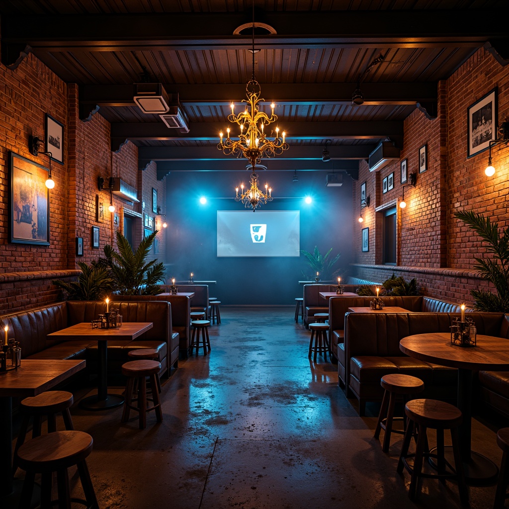 Prompt: Rustic nightclub interior, dim ambient lighting, warm wood accents, exposed brick walls, metal beams, vintage decorative items, distressed leather sofas, reclaimed wood tables, Edison bulb chandeliers, candlelit tables, fog machines, strobe lights, DJ booth, dance floor, loudspeakers, neon signs, urban industrial atmosphere, dark blue tones, smoky haze, shallow depth of field, 1/1 composition, warm color grading, realistic textures, ambient occlusion.