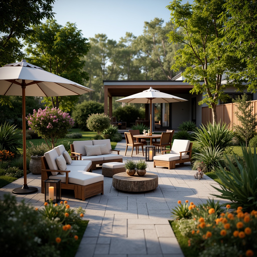 Prompt: Cozy backyard patio, lush greenery, vibrant flowers, comfortable outdoor furniture, soft cushions, warm lanterns, natural stone flooring, wooden pergola, modern minimalist design, large umbrellas, shaded areas, refreshing misting systems, ambient warm lighting, shallow depth of field, 3/4 composition, panoramic view, realistic textures, serene atmosphere.