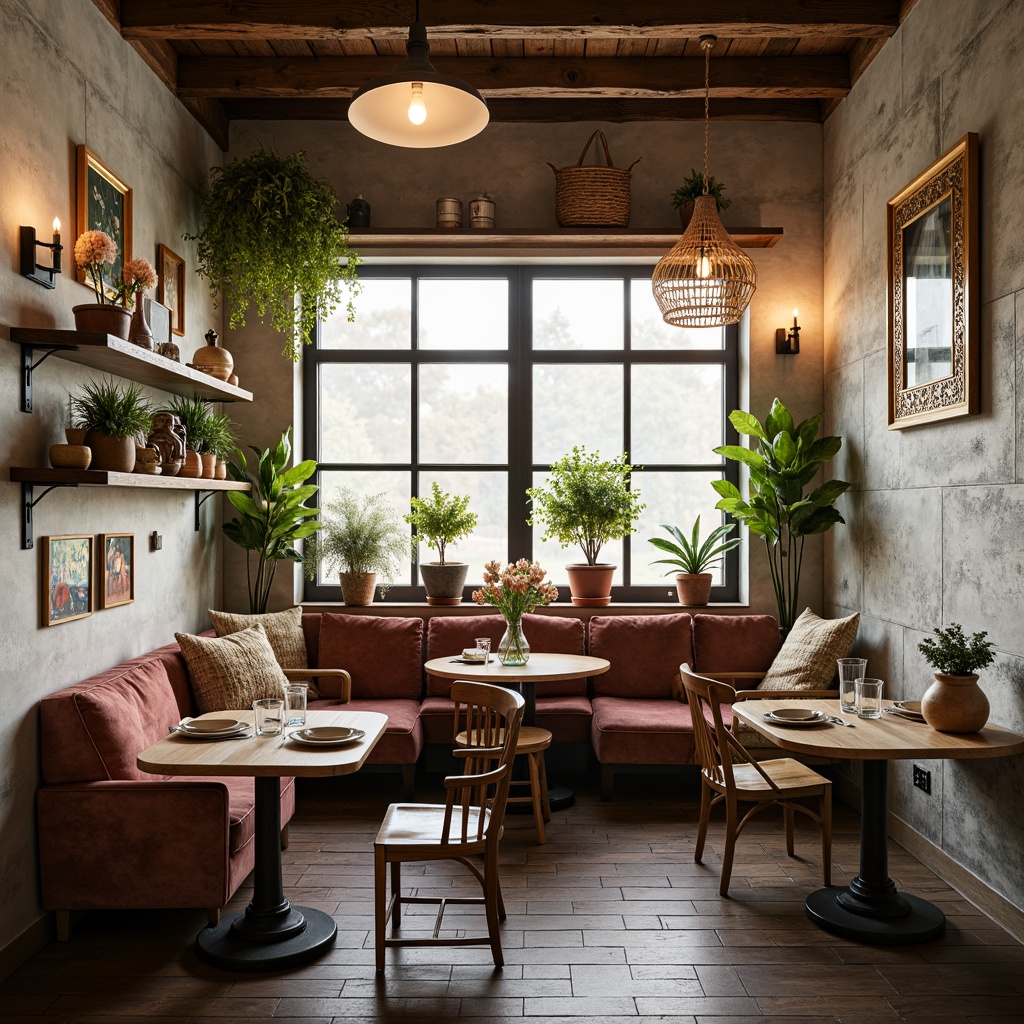 Prompt: Cozy breakfast nook, eclectic vintage decor, distressed wood accents, plush velvet pillows, mismatched chairs, rustic metal tables, warm pendant lighting, natural woven textiles, soft pastel colors, ornate mirrors, potted greenery, woven baskets, reclaimed wood shelves, morning sunlight, shallow depth of field, 1/2 composition, intimate atmosphere, realistic textures.