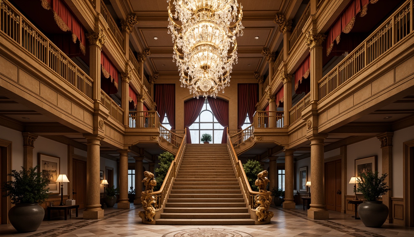 Prompt: Ornate chandeliers, crystal droplets, golden accents, luxurious fabrics, rich wood tones, intricate carvings, ornamental moldings, grand staircases, high ceilings, marble floors, neoclassical architecture, symmetrical compositions, soft warm glow, ambient lighting, subtle shadows, 1/1 composition, shallow depth of field, realistic textures, gentle highlights.