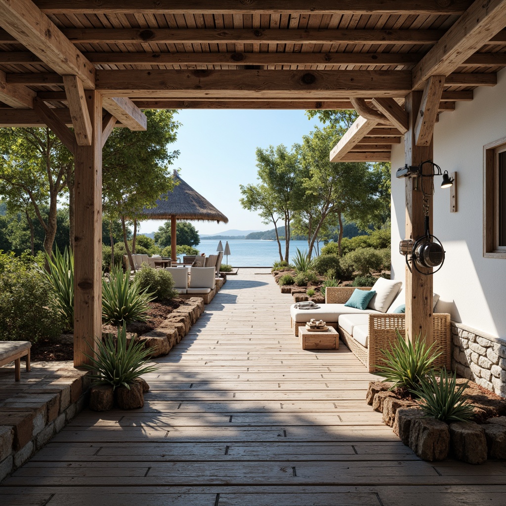 Prompt: Rustic wooden dock, weathered planks, nautical ropes, coastal vegetation, driftwood accents, natural stone foundation, whitewashed walls, corrugated metal roofing, distressed finishes, reclaimed wood flooring, woven textiles, beachy color palette, soft warm lighting, shallow depth of field, 1/1 composition, panoramic view, realistic water reflections, ambient occlusion.