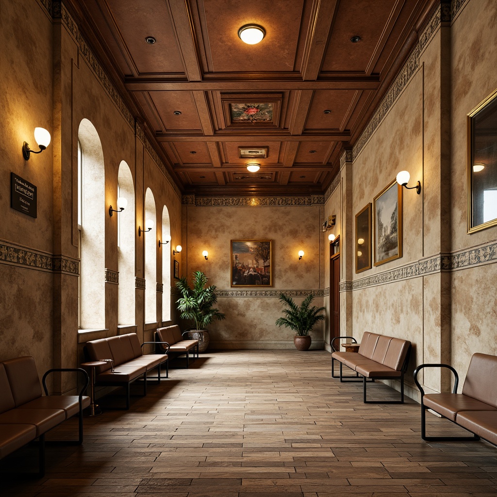 Prompt: Richly textured wall finishes, warm beige tones, classic brick patterns, ornate ceramic tiles, distressed wood accents, vintage-inspired signage, comfortable waiting areas, sturdy metal benches, rustic wooden flooring, warm overhead lighting, subtle color contrasts, 1/2 composition, realistic material textures, ambient occlusion.