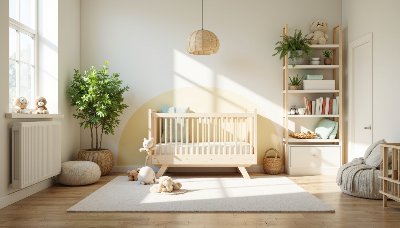 Prompt: Soft baby room, gentle pastel hues, soothing whites, creamy yellows, pale blues, minty greens, warm beiges, natural wood accents, plush toys, delicate fabrics, subtle patterns, cozy reading nooks, warm task lighting, softbox shadows, 1/1 composition, realistic textures, ambient occlusion.