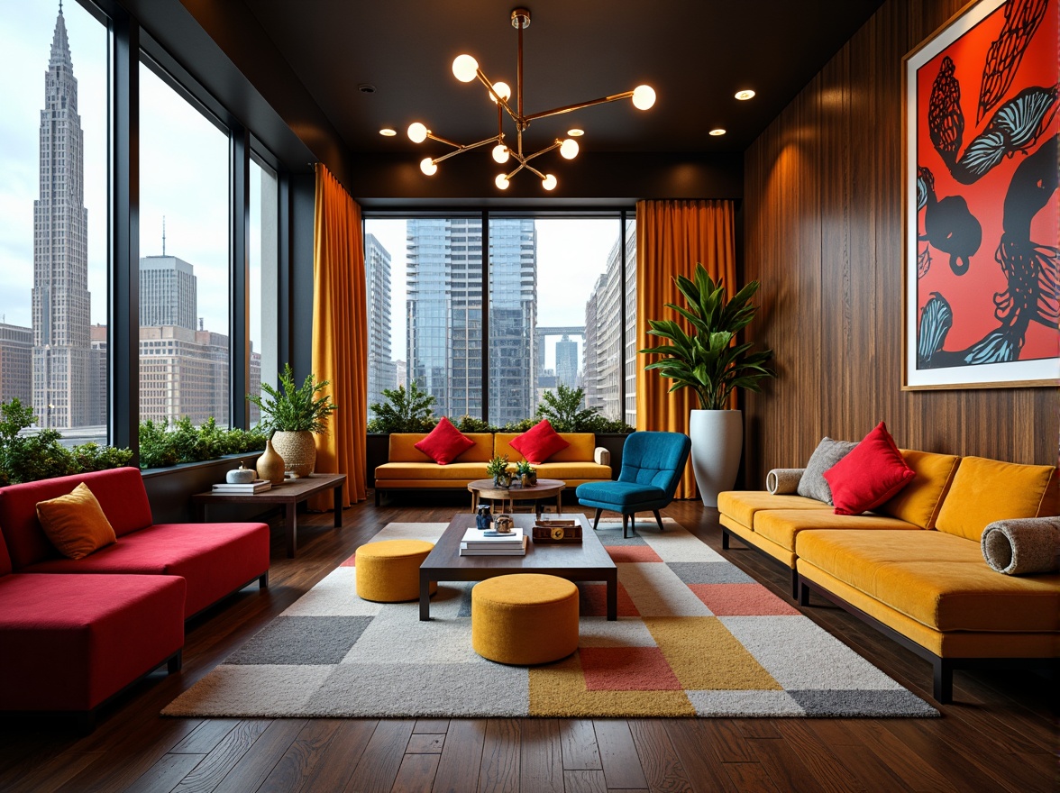 Prompt: Vibrant eclectic interior, bold color blocking, contrasting accents, sleek modern furniture, metallic tones, rich wood textures, geometric patterns, statement lighting fixtures, abstract artwork, cosmopolitan city views, warm natural light, shallow depth of field, 1/1 composition, realistic reflections, ambient occlusion.