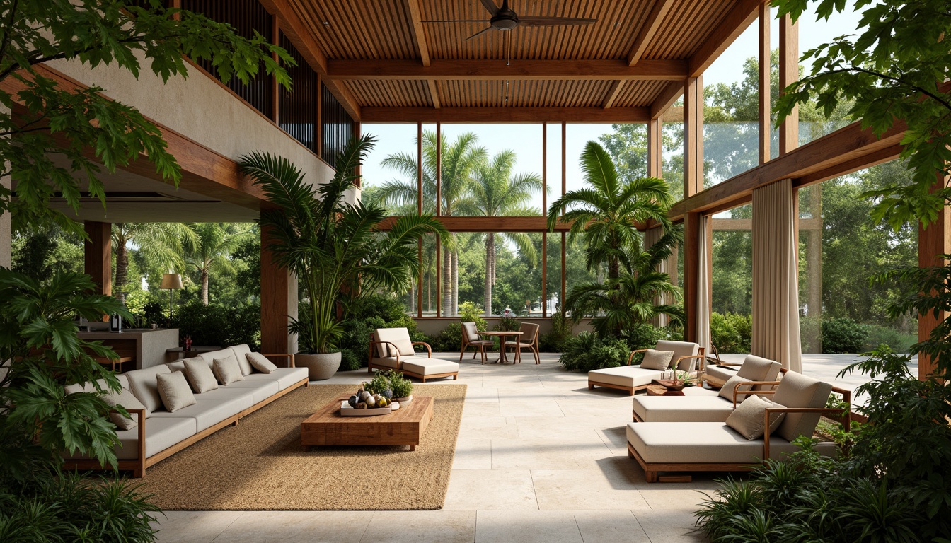 Prompt: Tropical interior, lush greenery, natural materials, woven rattan furniture, jute rugs, wooden accents, high ceilings, large windows, sliding glass doors, cross ventilation, clerestory windows, solar tubes, skylights, wind catchers, evaporative cooling systems, shading devices, vertical gardens, living walls, natural textiles, earthy color palette, soft warm lighting, shallow depth of field, 3/4 composition, panoramic view, realistic textures, ambient occlusion.