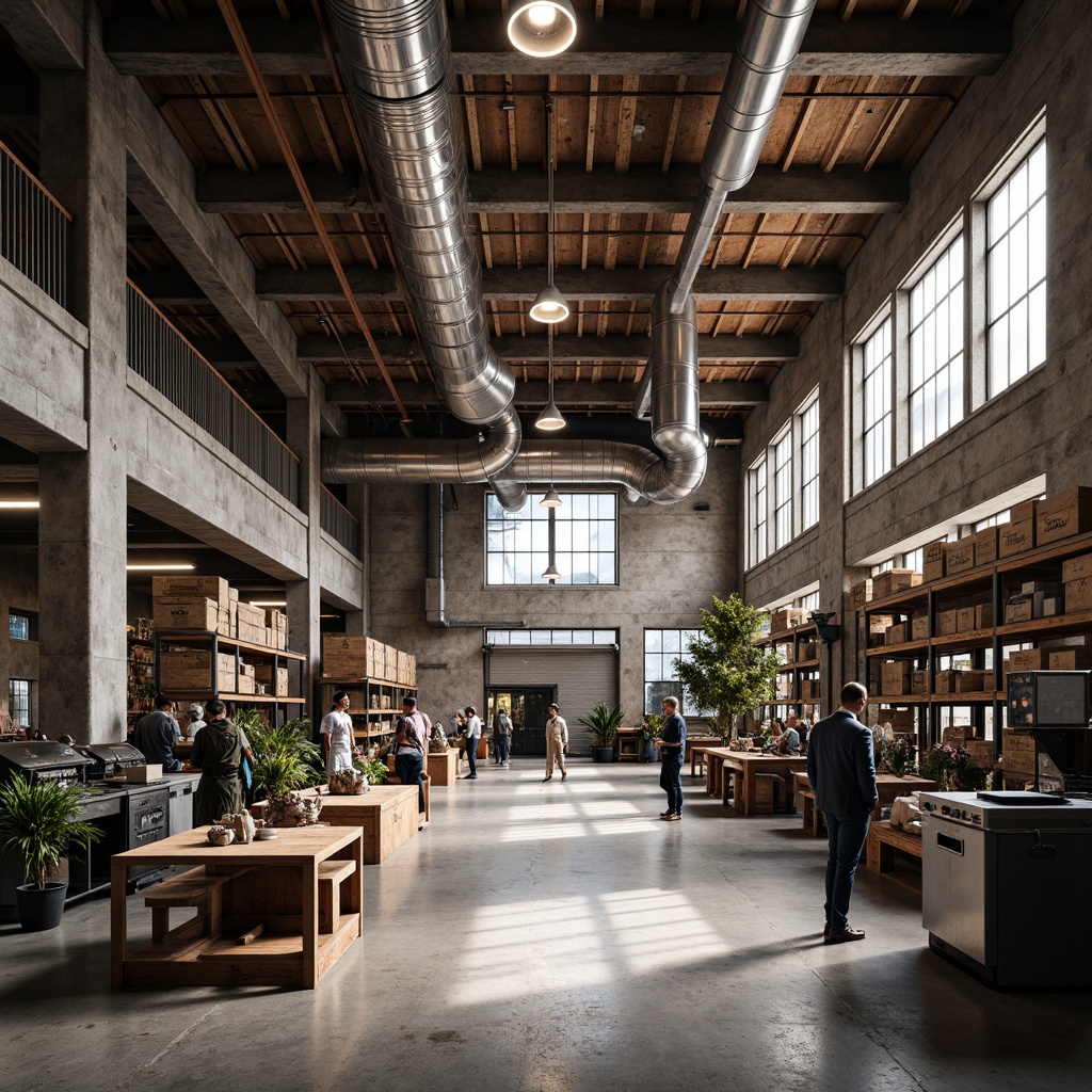 Prompt: Industrial warehouse, exposed ductwork, metal beams, concrete floors, functional lighting fixtures, overhead cranes, steel shelving units, industrial machinery, metalworking tools, raw wood accents, reclaimed materials, urban loft aesthetic, high ceiling, natural light, diffused softbox lighting, warm color temperatures, 1/2 composition, shallow depth of field, realistic textures, ambient occlusion.