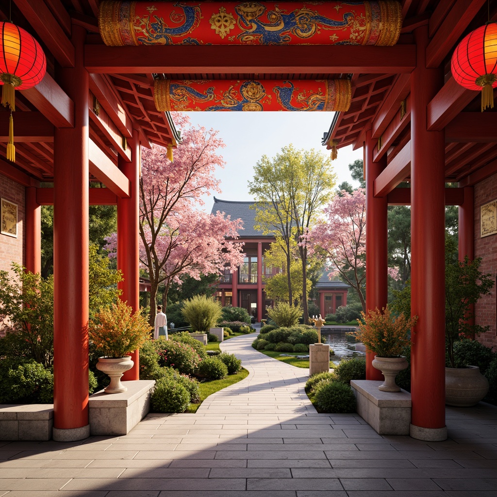 Prompt: Vibrant traditional festival decorations, intricate cultural patterns, ornate lanterns, delicate silk fabrics, rich wooden accents, majestic dragons, symbolic cherry blossoms, serene water features, peaceful bamboo forests, natural stone pathways, warm soft lighting, shallow depth of field, 1/2 composition, realistic textures, ambient occlusion.