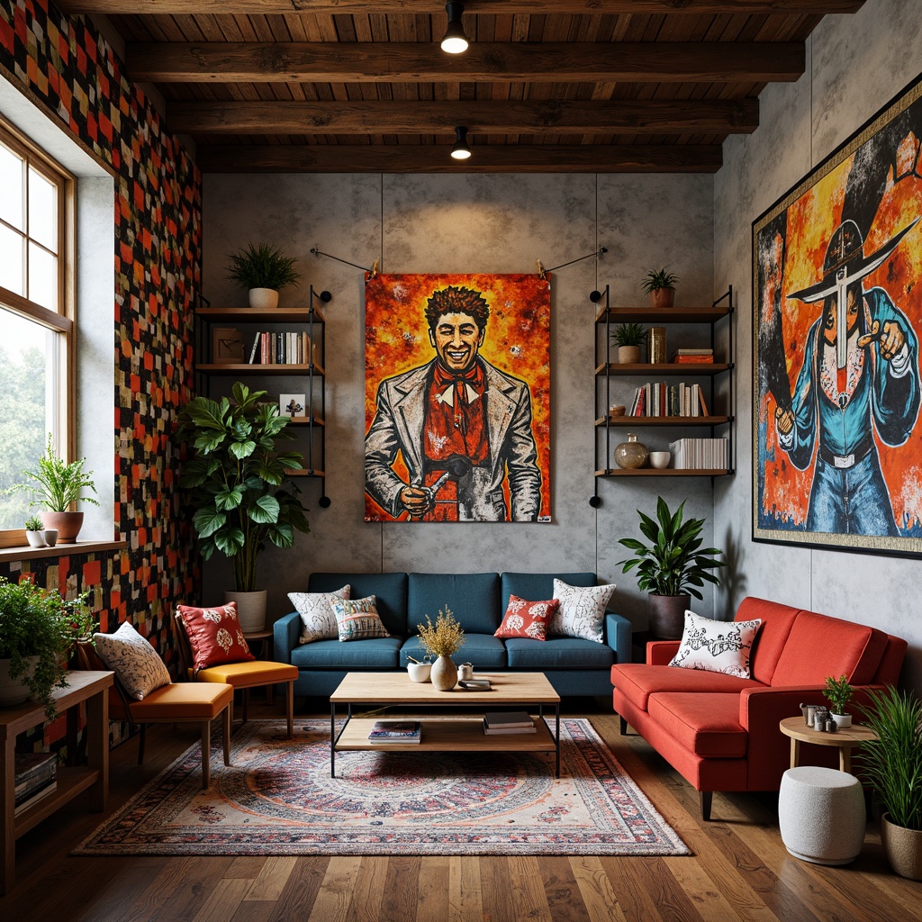 Prompt: Vibrant eclectic room, bold patterned wallpaper, distressed wooden planks, textured concrete walls, colorful graffiti murals, oversized artwork, abstract geometric patterns, industrial metal accents, reclaimed wood shelves, bohemian-inspired tapestries, eclectic mix of vintage and modern furniture, warm cozy lighting, shallow depth of field, 1/1 composition, realistic textures, ambient occlusion.