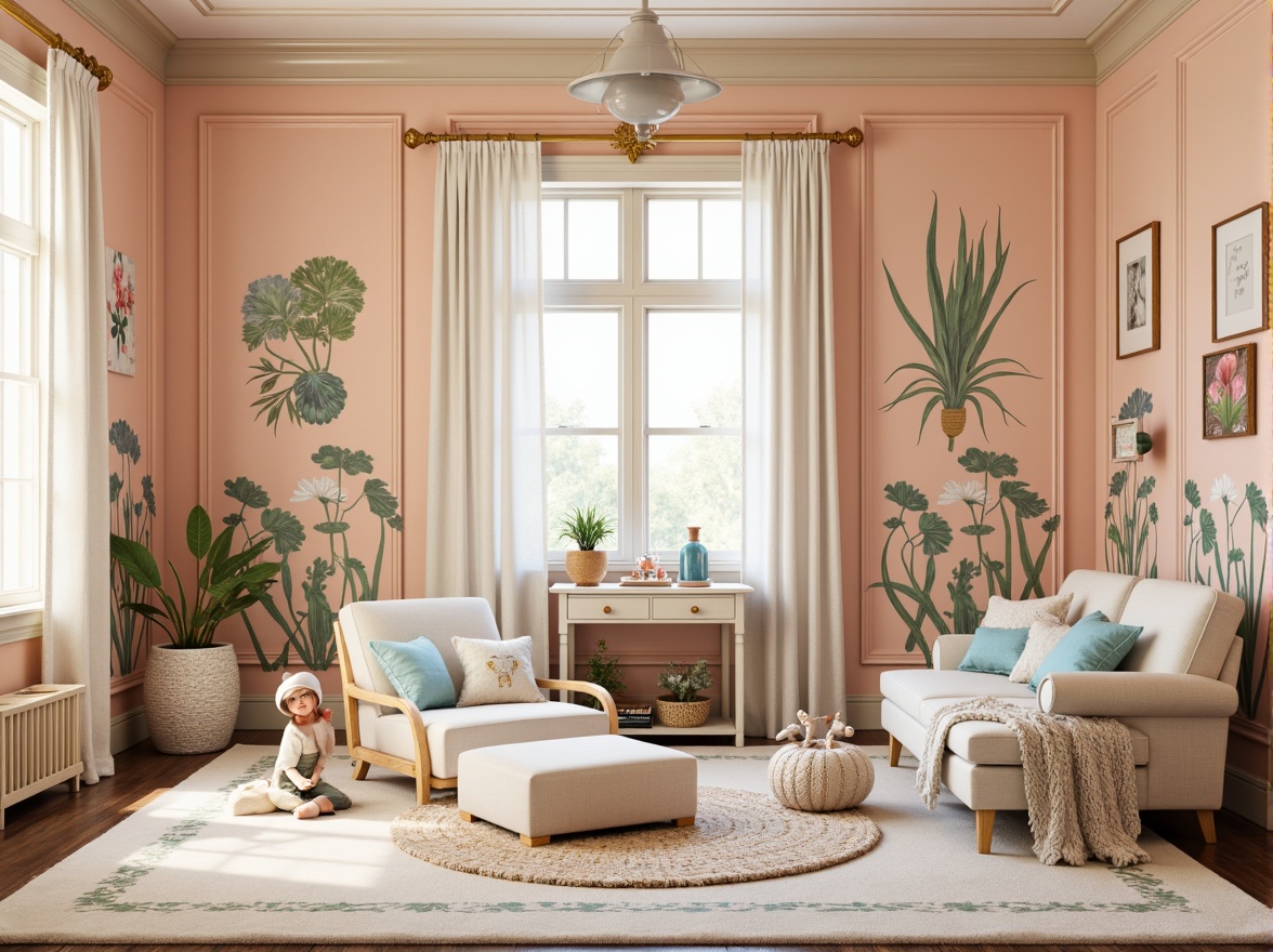 Prompt: Whimsical children's room, Art Nouveau style, pastel color palette, soft peach walls, creamy white furniture, iridescent blue accents, golden ornate details, flowing organic patterns, botanical illustrations, nature-inspired motifs, curved lines, sinuous shapes, elegant typography, warm ambient lighting, shallow depth of field, 1/2 composition, realistic textures, subtle animations.