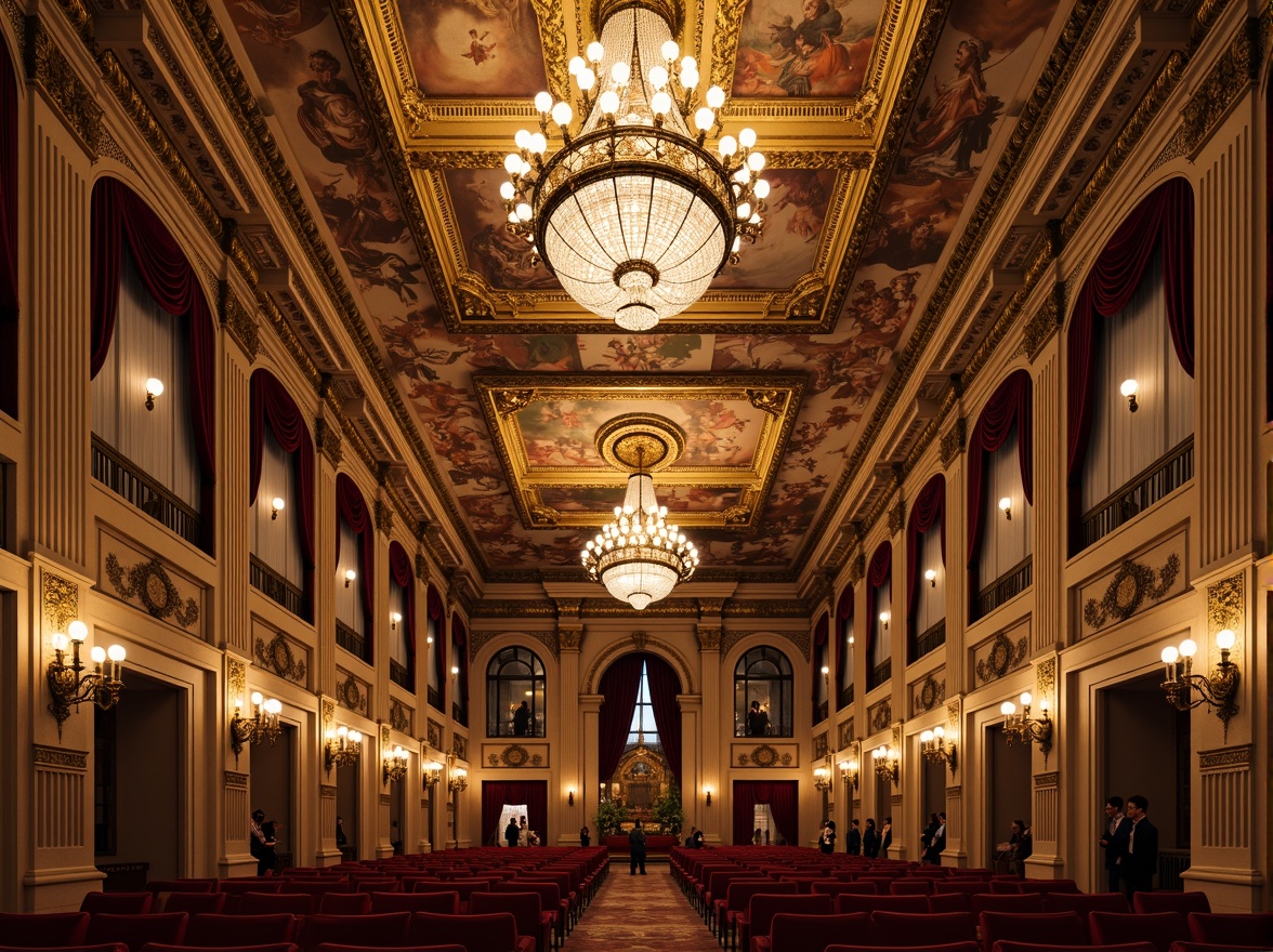 Prompt: Ornate Rococo auditorium ceiling, grandiose chandeliers, intricate moldings, gilded details, delicate frescoes, luxurious fabrics, velvet drapes, ornamental mirrors, crystal sconces, richly carved wood, lavish decorations, Baroque-inspired patterns, soft warm lighting, shallow depth of field, 1/1 composition, realistic textures, ambient occlusion.