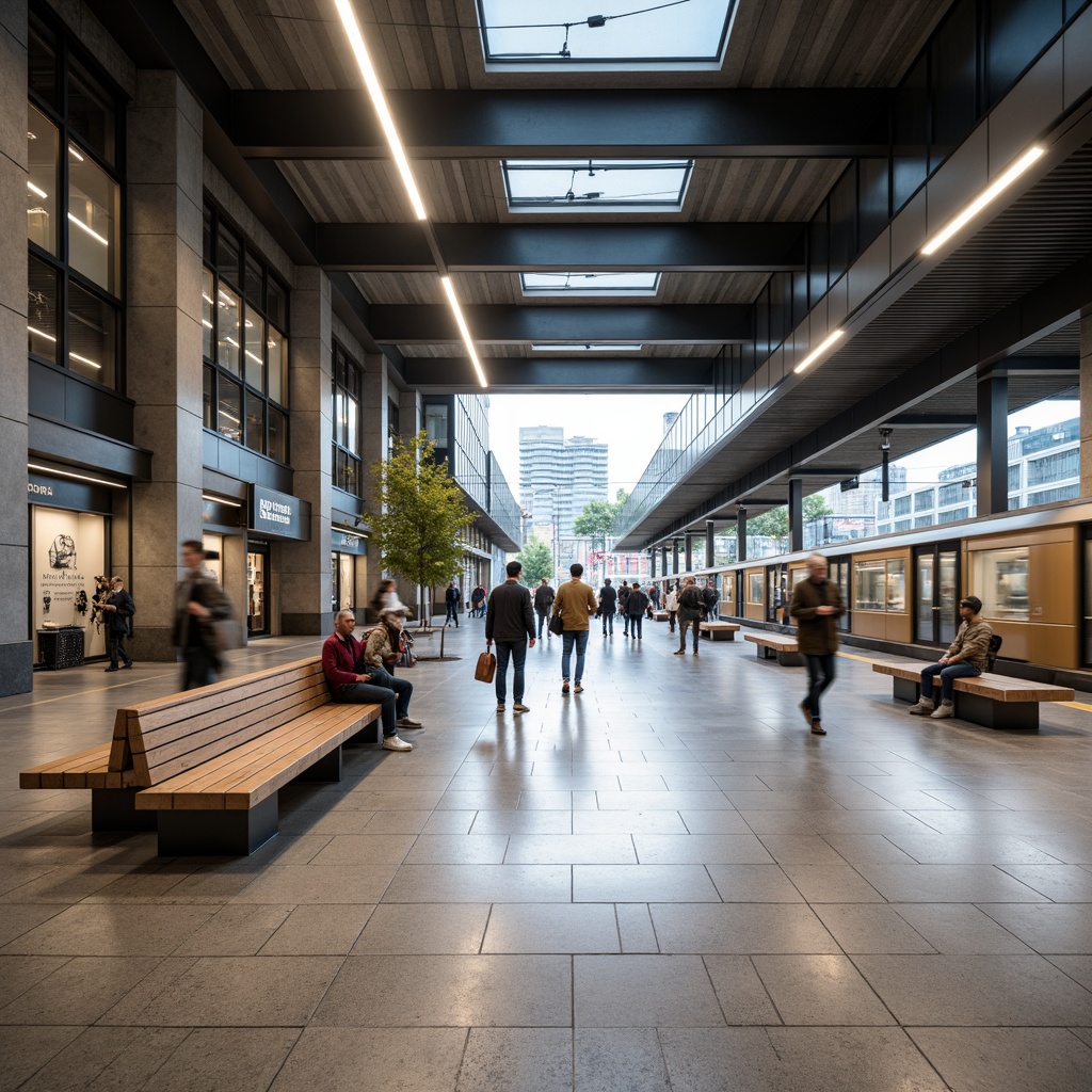 Prompt: Modern train station, minimalist design, sleek lines, industrial materials, stainless steel benches, cantilevered seats, backless stools, wooden accents, natural stone flooring, ample lighting, high ceilings, urban atmosphere, rush hour scene, blurred motion, shallow depth of field, 1/2 composition, realistic textures, ambient occlusion.