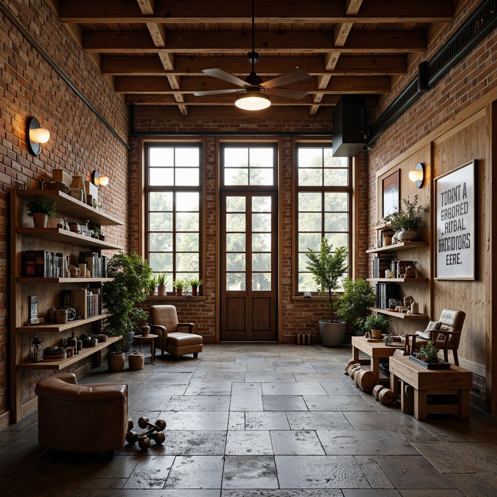 Prompt: Rustic wooden beams, exposed brick walls, natural stone flooring, distressed wood accents, industrial metal fixtures, reclaimed wood shelves, vintage fitness equipment, antique dumbbells, leather-bound boxing gloves, motivational quotes, large windows, abundant natural light, soft warm lighting, shallow depth of field, 3/4 composition, realistic textures, ambient occlusion.