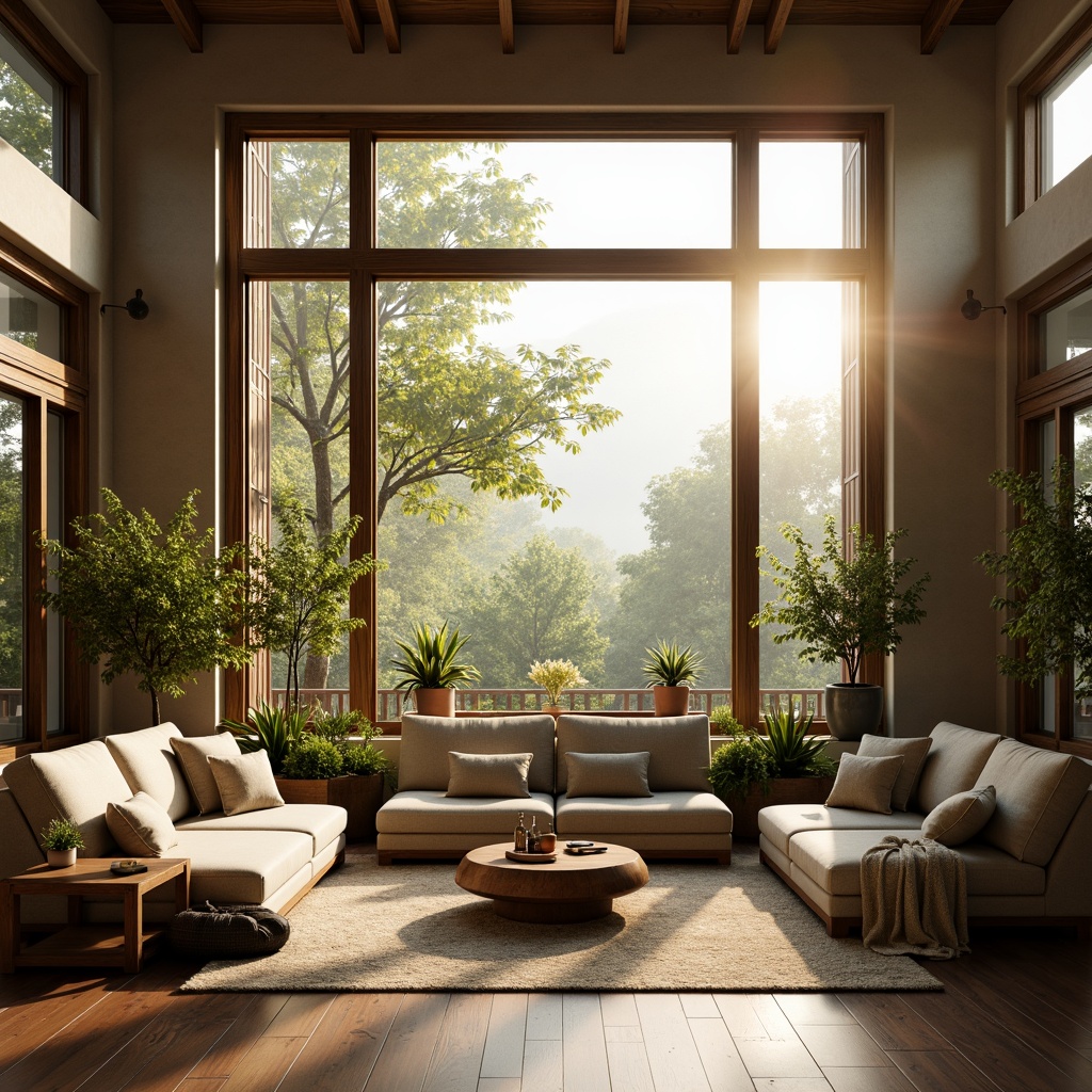 Prompt: Cozy living room, large windows, soft warm lighting, gentle sunbeams, light-filled atmosphere, comfortable seating areas, plush couches, natural textiles, wooden accents, earthy color palette, blooming plants, greenery walls, minimalist decor, calming ambiance, shallow depth of field, 3/4 composition, panoramic view, realistic textures, ambient occlusion.