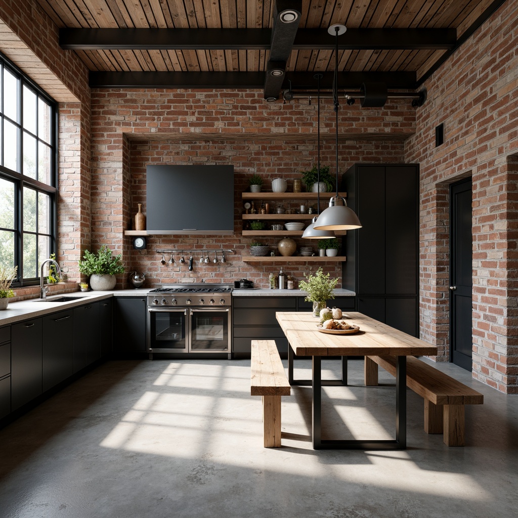 Prompt: Exposed brick walls, industrial metal beams, polished concrete floors, reclaimed wood accents, minimalist kitchen islands, stainless steel countertops, matte black appliances, pendant lighting fixtures, open shelving units, raw edge wooden tables, brutalist architectural elements, natural light pouring in, airy atmosphere, 1/1 composition, high contrast lighting, realistic textures, ambient occlusion.