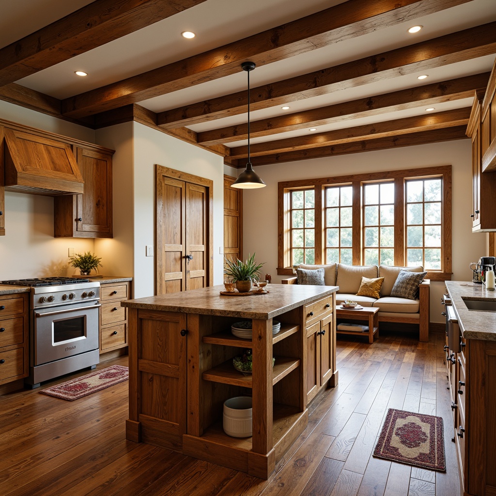 Prompt: Warm wooden cabinetry, rustic kitchen island, earthy stone countertops, vintage metal hardware, exposed beam ceiling, natural wood flooring, soft warm lighting, cozy breakfast nook, plush rugs, farmhouse sink, apron-front cabinets, ornate wooden trim, classic Shaker-style doors, creamy white walls, rich wood tones, traditional craftsmanship, inviting ambiance, 1/1 composition, shallow depth of field, realistic textures.