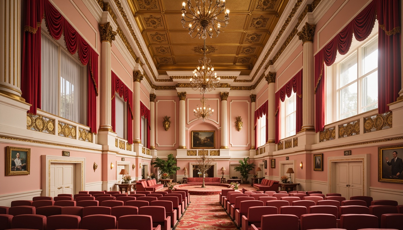 Prompt: Opulent auditorium, rich velvet curtains, gold leaf accents, ornate chandeliers, intricate moldings, soft pastel hues, pale pink walls, creamy white columns, gilded mirrors, luxurious furnishings, delicate florals, ornamental patterns, subtle sheen fabrics, warm golden lighting, shallow depth of field, 1/1 composition, realistic textures, ambient occlusion.