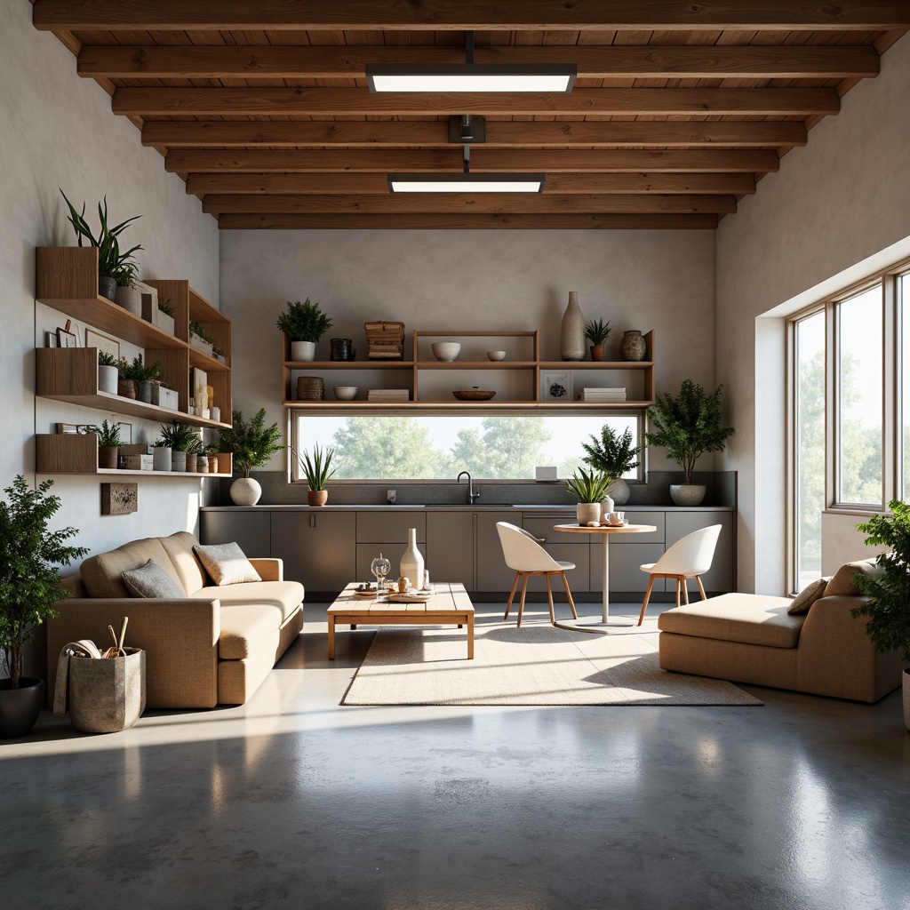 Prompt: Clean-lined family garage, minimalistic decor, industrial-style shelving units, sleek metal cabinets, wall-mounted storage systems, rustic wood accents, polished concrete floors, natural light pouring in, soft warm glow, shallow depth of field, 1/2 composition, realistic textures, ambient occlusion, Scandinavian-inspired furniture, monochromatic color scheme, functional simplicity, abundant negative space.