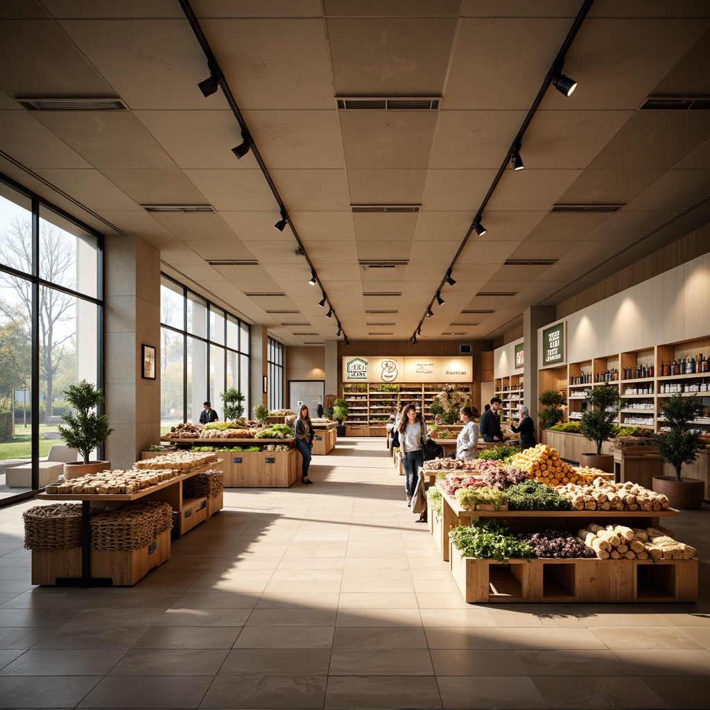 Prompt: Minimalist grocery store interior, soft warm lighting, subtle shadows, natural materials, wooden shelves, metal racks, neutral color palette, clean lines, simple signage, elegant typography, abundant daylight, floor-to-ceiling windows, minimal decorations, modern fixtures, recessed lighting, ambient glow, 1/1 composition, shallow depth of field, realistic textures.