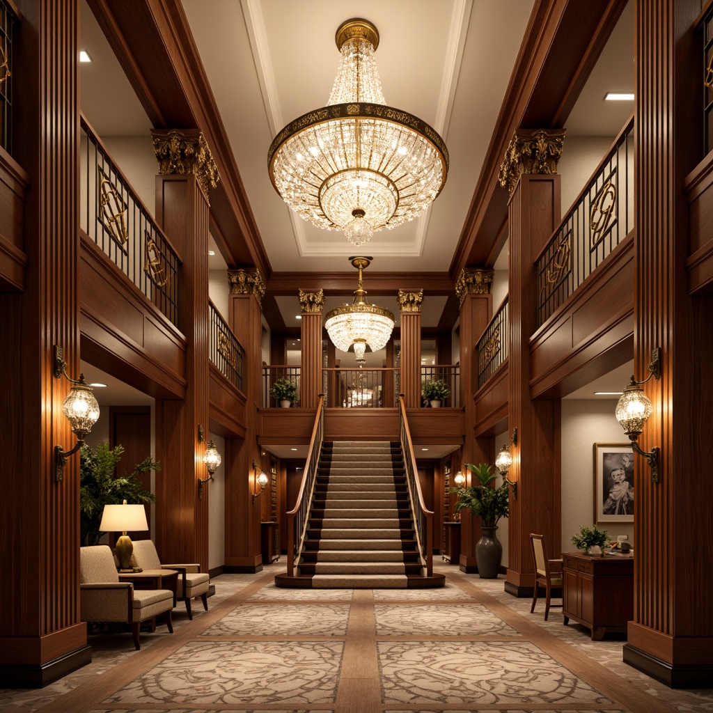 Prompt: Elegant hotel lobby, crystal chandeliers, ornate metal sconces, lavish cove lighting, rich wood paneling, luxurious fabrics, classic Greek columns, intricate moldings, soft warm glow, subtle color temperature, ambient illumination, 1/1 composition, symmetrical layout, grand staircase, opulent furnishings, refined details, sophisticated textures, high-end finishes.