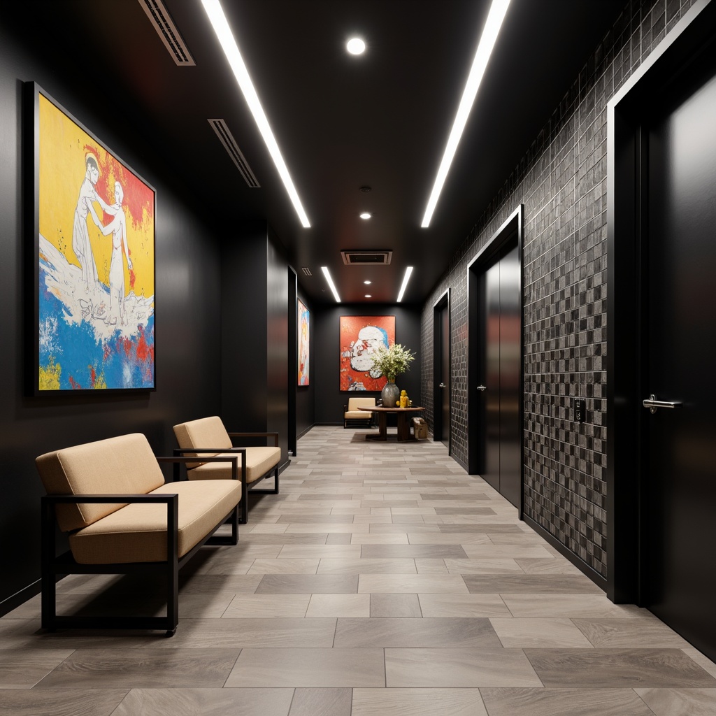 Prompt: Streamlined interior walls, minimalist decor, modernist architecture, sleek metallic accents, polished chrome fixtures, matte black surfaces, geometric patterned wallpaper, bold colorful artwork, LED strip lighting, ambient indirect illumination, 3/4 composition, shallow depth of field, cinematic wide-angle view, realistic textures, subtle gradient effects.